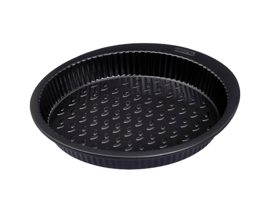Black metal tart tin with large handles for easy grip.