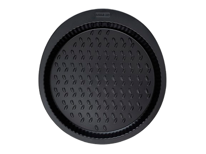 Black metal tart tin with large handles for easy grip, seen from above.