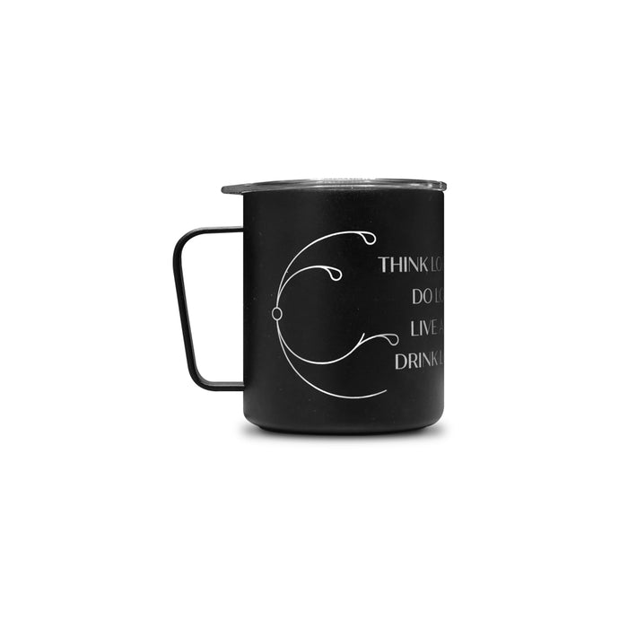 Side view of black insulated mug with lofty branded vine pattern