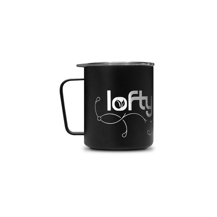 Black insulated mug with Lofty Logo and lofty branded vine pattern