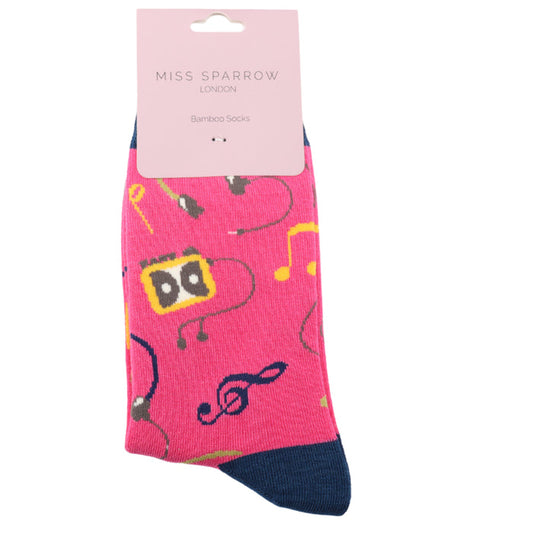 Miss Sparrow Retro Music Socks - Hot Pink