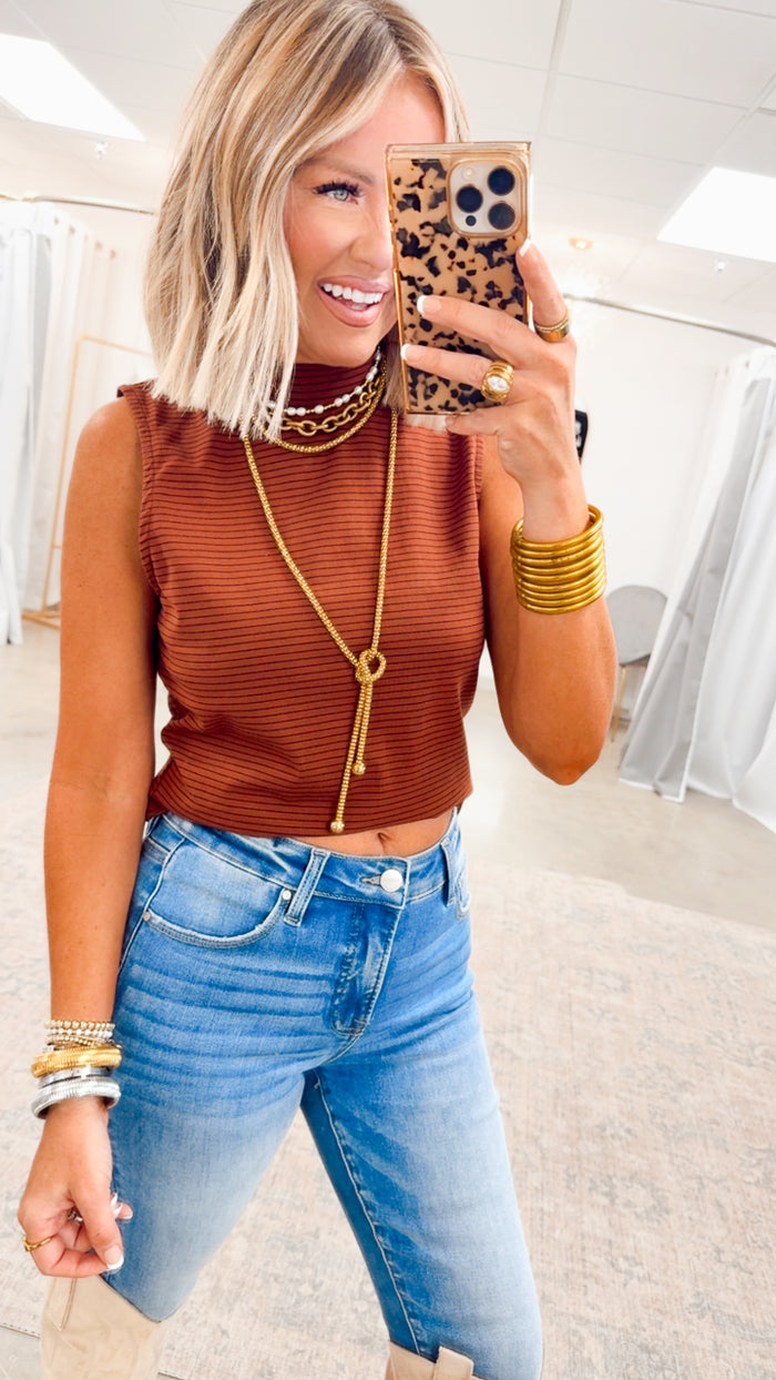 Mock Neck Sleeveless Top-Camel/Navy