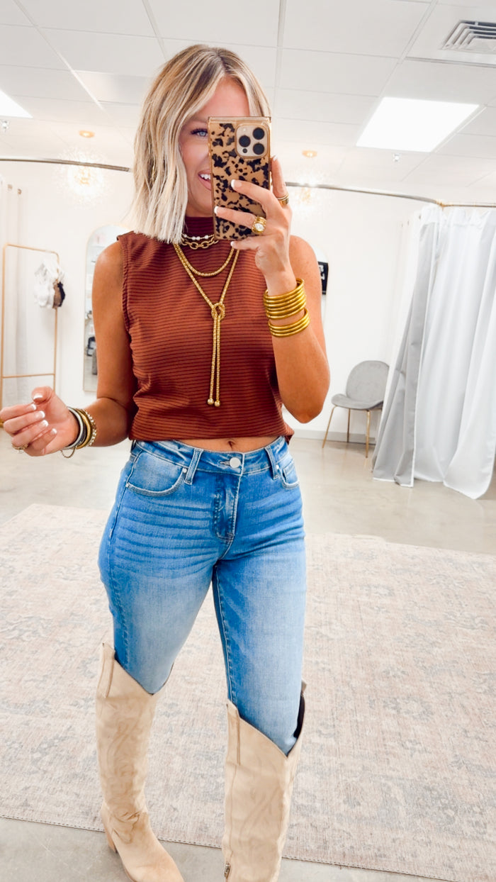 Mock Neck Sleeveless Top-Camel/Navy