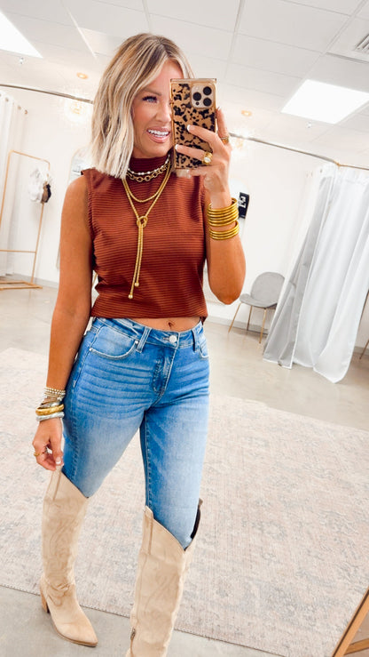 Mock Neck Sleeveless Top-Camel/Navy