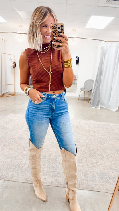 Mock Neck Sleeveless Top-Camel/Navy