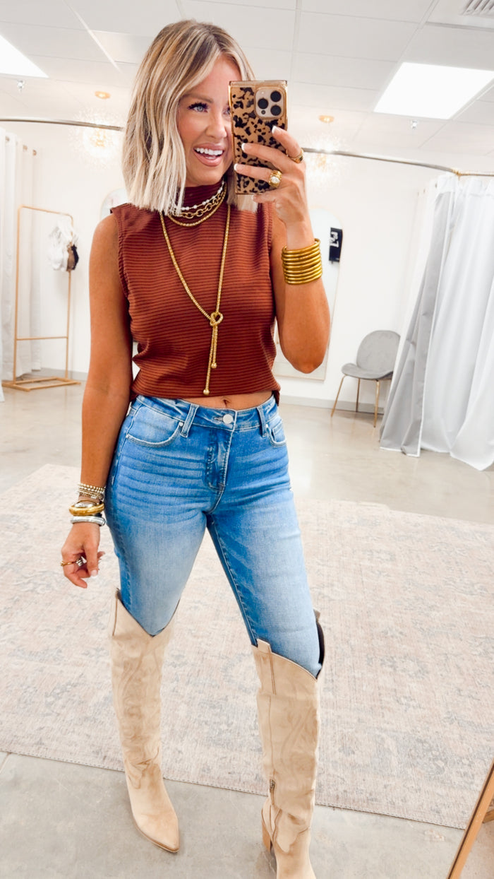 Mock Neck Sleeveless Top-Camel/Navy