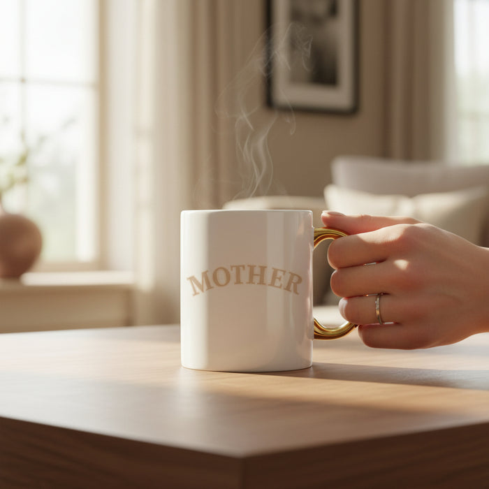A hand holds The Darling Effect’s Mother 11 oz Cozy Cute Ceramic Mug, featuring “MOTHER” in gold letters and a golden handle. The steaming mug, ideal for coffee or tea, sits on a wooden table in a bright, inviting room.