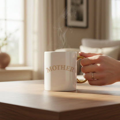 A hand holds The Darling Effect’s Mother 11 oz Cozy Cute Ceramic Mug, featuring “MOTHER” in gold letters and a golden handle. The steaming mug, ideal for coffee or tea, sits on a wooden table in a bright, inviting room.