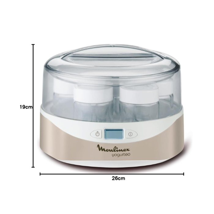 Yogurt maker with dimensions labeled on a white background