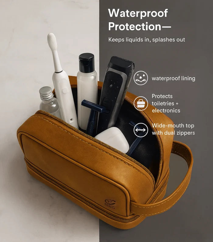 Nancy Leather Travel Makeup Toiletry Bag (Cognac)