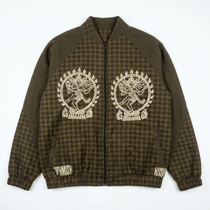 Natraj jacket for men, bomber style in houndstooth check, front flat view, with two cream Nataraja figures