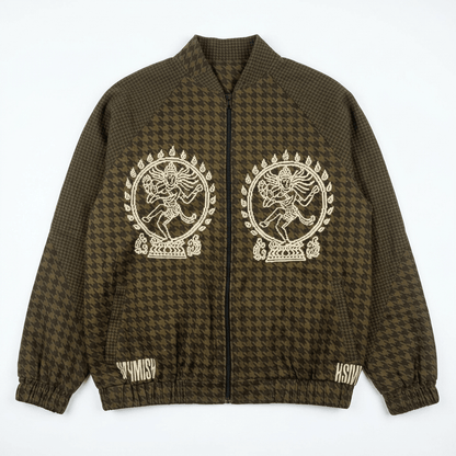 Natraj jacket for men, bomber style in houndstooth check, front flat view, with two cream Nataraja figures