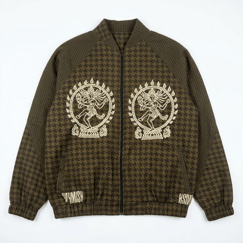 Natraj jacket for men, bomber style in houndstooth check, front flat view, with two cream Nataraja figures
