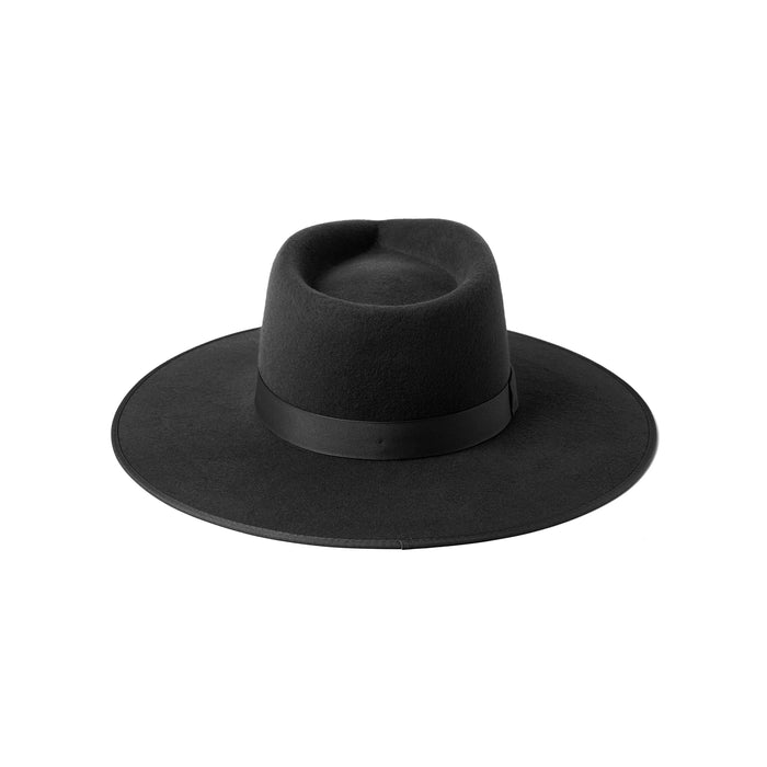 Noir Rancher wool felt fedora hat in black with a wide brim and grosgrain ribbon