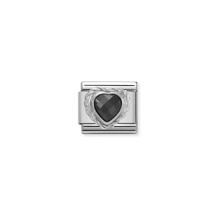 Nomination Classic Link Faceted Black Cubic Zirconia Heart With Twisted Silver Charm