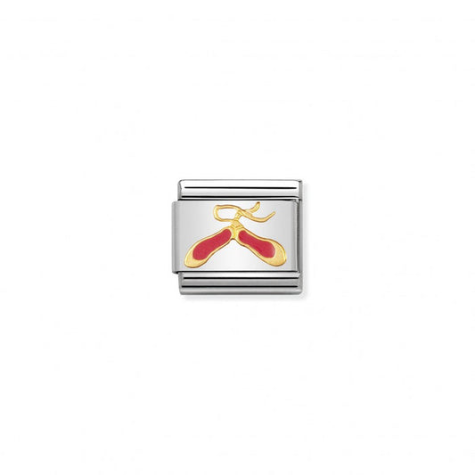 Nomination charm featuring pink enamel Dance Shoes symbol set into in 18K gold and stainless steel. The perfect gift for your special ballerina.