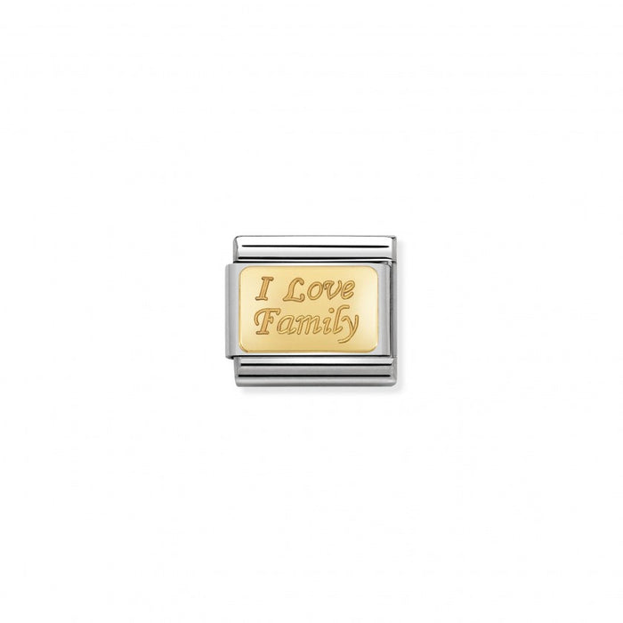 "I Love Family" Charm for the Original Composable Nomination Classic bracelet, engraved 18K gold set into stainless steel.