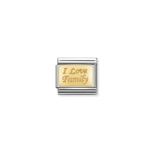 "I Love Family" Charm for the Original Composable Nomination Classic bracelet, engraved 18K gold set into stainless steel.