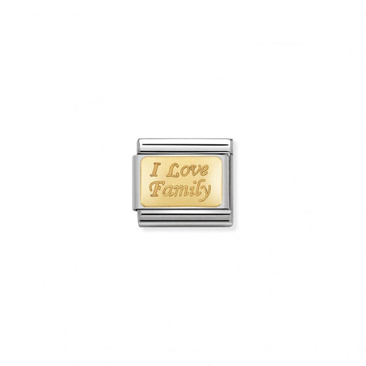 "I Love Family" Charm for the Original Composable Nomination Classic bracelet, engraved 18K gold set into stainless steel.