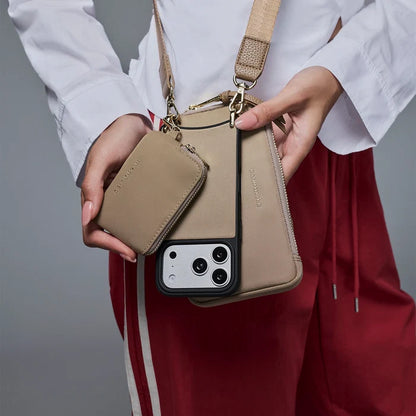 Nova Nylon Magnet Wallet Crossbody Phone Case Pouch Set - Taupe/Gold