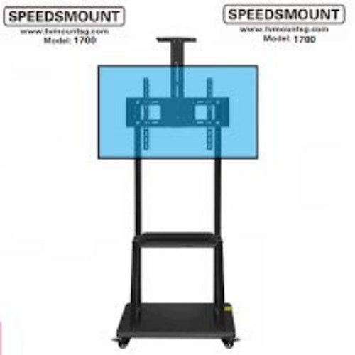A black TV wall mount stand with a mobile cart feature, displaying a blue screen on top for mounting, and the brand name 'SPEEDSMOUNT' visible.