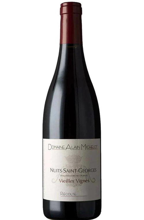 Red wine bottle with a white label on a white background