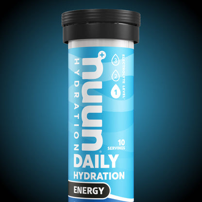 Tube of Nuun Energy against a blue and black background.