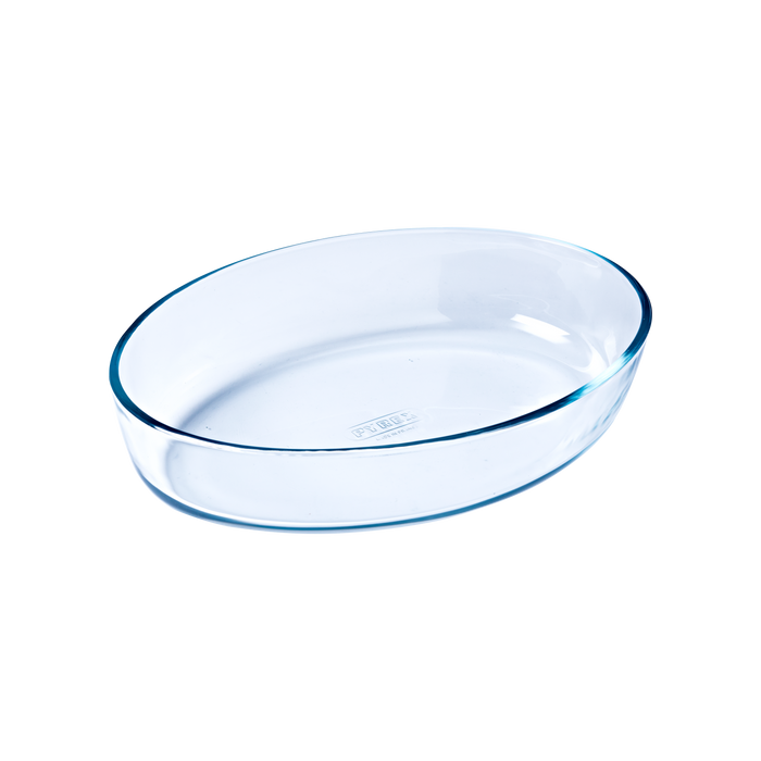 Oval glass baking dish.