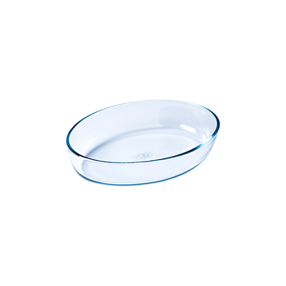 Oval glass baking dish.