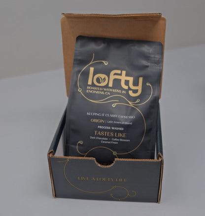 Espresso blend packaged inside a Lofty coffee box