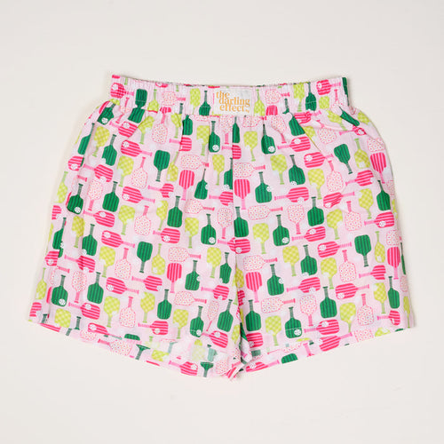 The Darling Effect Pickleball Party All Day Boxer Shorts feature a relaxed fit and elastic waistband, with a vibrant cactus and succulent print in green, pink, and red on white, made from breathable fabric for all-day comfort.