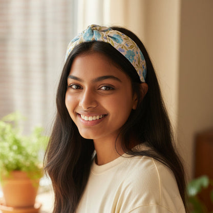 A young woman with long dark hair smiles warmly indoors, wearing The Darling Effect’s Poppin' Petals Aqua Classic Twist Headband and a cream shirt. A green potted plant and soft natural light complete the serene background.