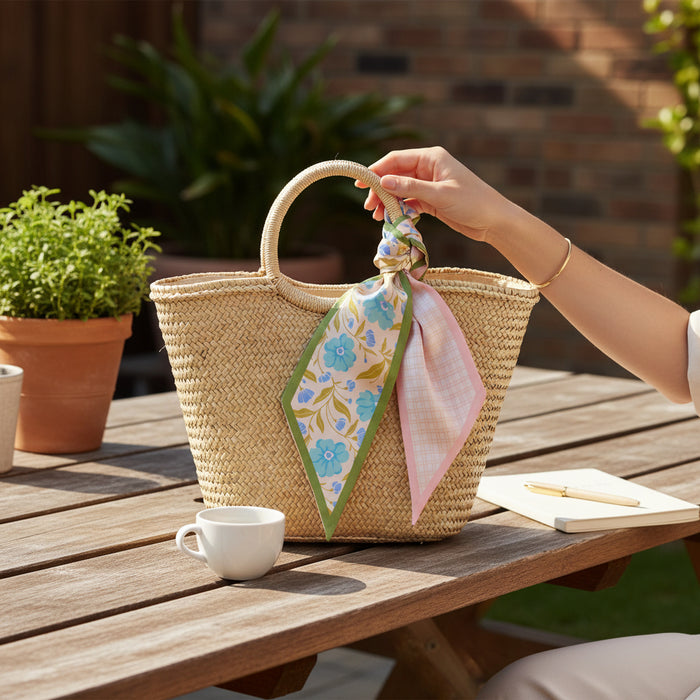 A straw tote bag adorned with The Darling Effect’s Poppin' Petals Aqua Twirl & Tie Scarf Accessory rests on a wooden table beside a coffee cup and a notebook with a pen.