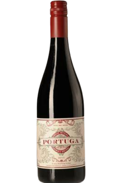 Red wine bottle with 'Portuga' label on a white background