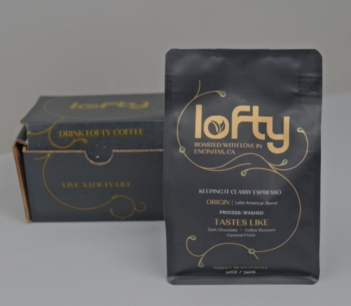 Lofty branded coffee box and bag of Keeping it Classy Espresso