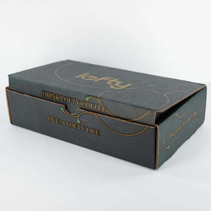Lofty Coffee branded grey packaging box