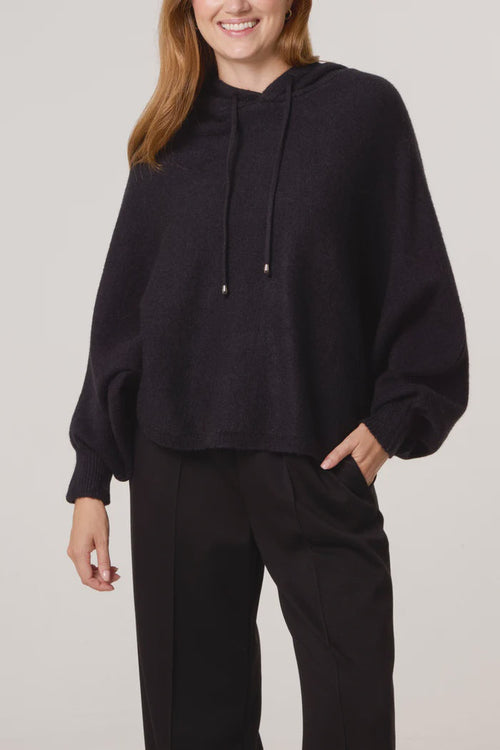 Puff Sleeve Knit Hoodie - Black