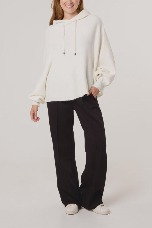 Puff Sleeve Knit Hoodie - Ivory