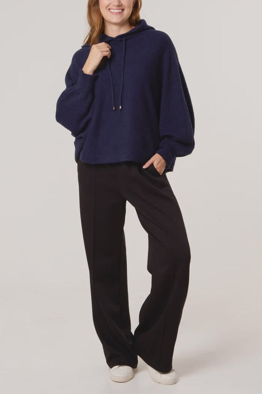 Puff Sleeve Knit Hoodie - Navy