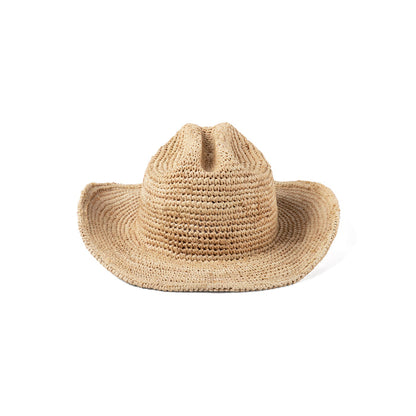 Raffia cowboy hat made from natural straw, featuring a classic western silhouette.