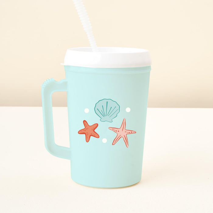 The-darling-effect Seashells 34oz Mega Mug is a light blue plastic cup with a handle, white lid, and straw, featuring two starfish, a shell, and white dots—perfect drinkware for any event or occasion.