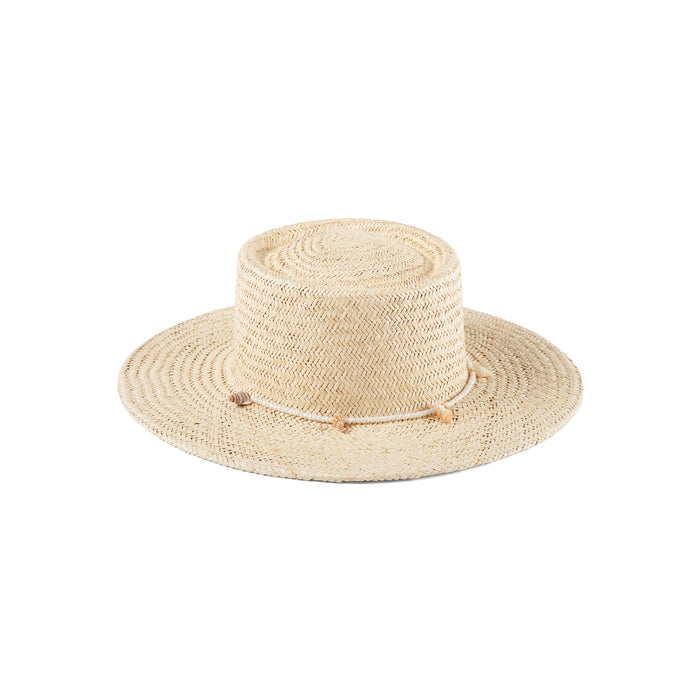 Natural straw boater hat with decorative band, perfect for summer.