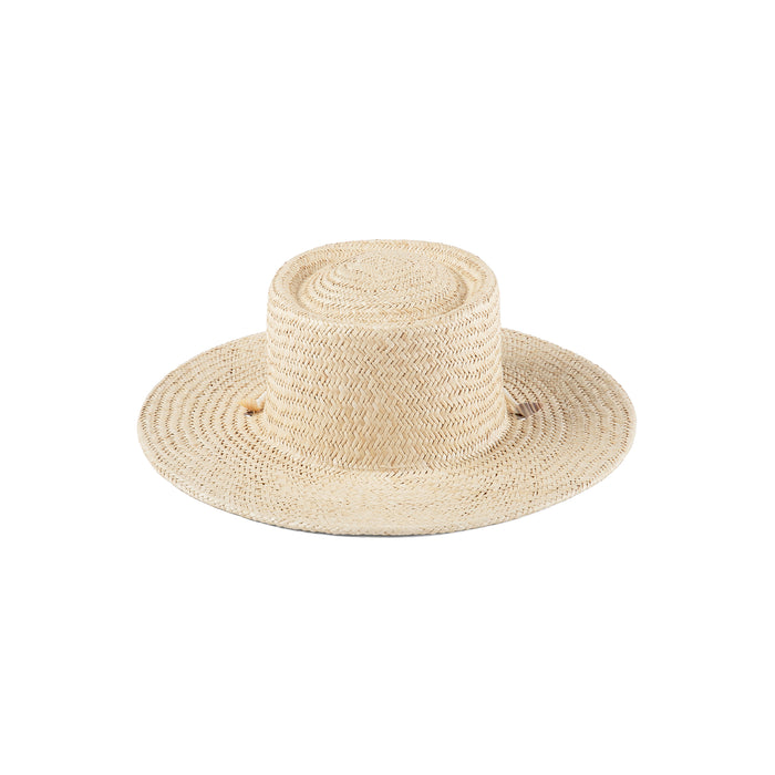 Off-white palm straw boater hat with seashell chin strap