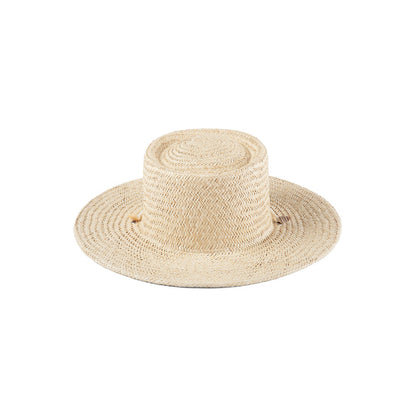 Off-white palm straw boater hat with seashell chin strap