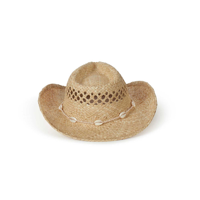 Hand woven raffia straw cowboy hat with seashells and custom beads