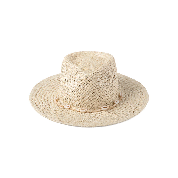 Off-white straw fedora with seashell chin strap, 8 cm brim