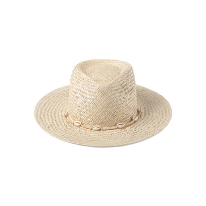 Off-white straw fedora with seashell chin strap, 8 cm brim