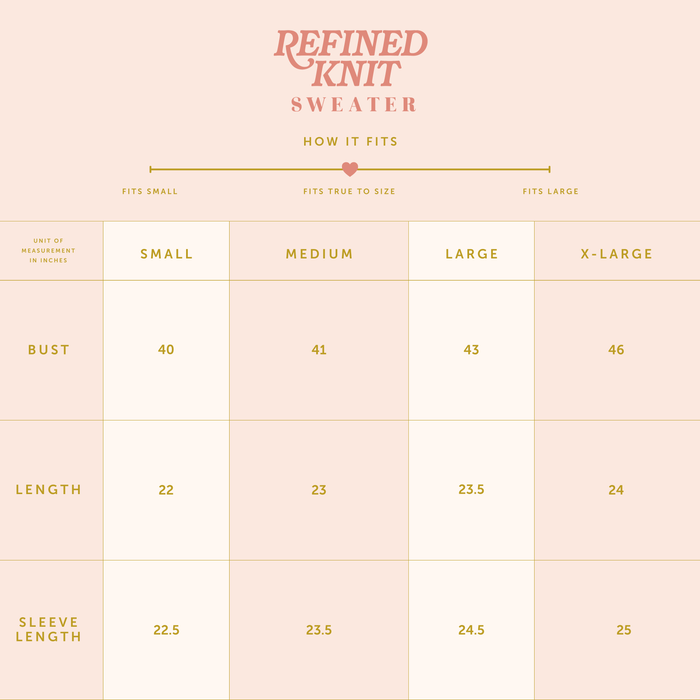 The Darling Effect’s Seaside Haven Refined Knit Sweater size chart includes bust, length, and sleeve measurements (in inches) for sizes Small to X-Large—making it easy to find your perfect fit for this timeless piece.