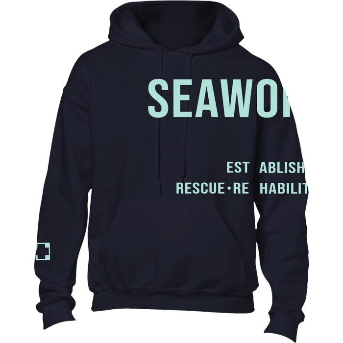 Seaworld Rescue Navy Mint Adult Pull Over Hood Fleece front