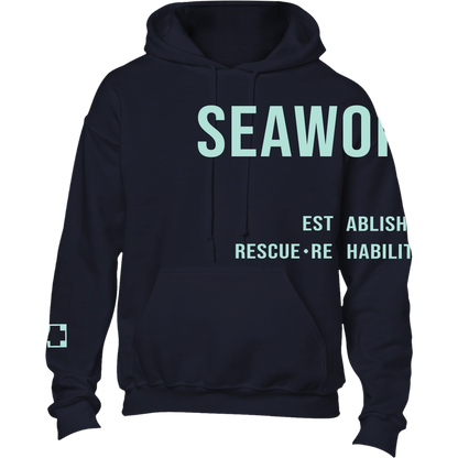 Seaworld Rescue Navy Mint Adult Pull Over Hood Fleece front